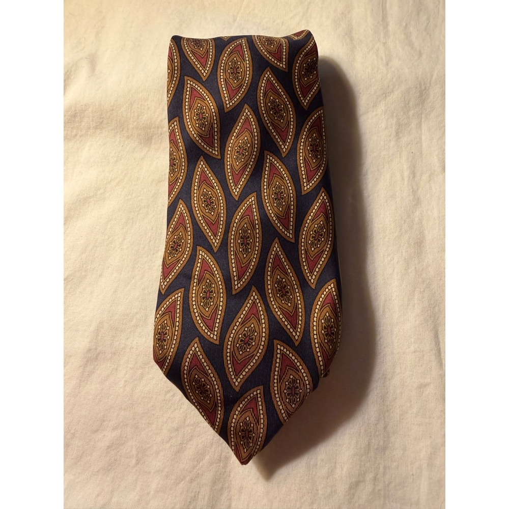 Lands End Mens Silk Tie Blue Gold Burgundy Medallion Geometric Hand Sewn USA